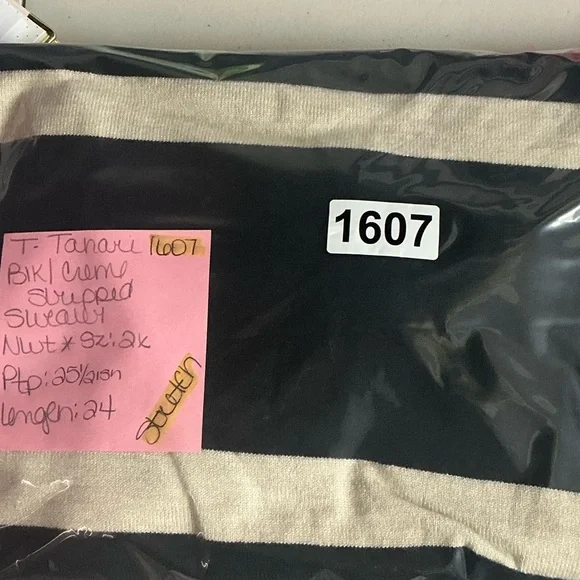 T Tahari Black and Tan Striped V-Neck Sweater - Picture 8 of 8